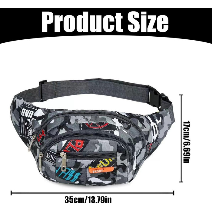 Водонепроникна поясна сумка-рюкзак камуфляжного стилю з багатьма відділеннями для чоловіків, жінок та дітей. Виготовлена з нейлону, ідеальна для бігу, спорту, подорожей та активного відпочинку.