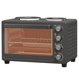 HOMCOM 28L Mini Oven 2600W Mini Oven 100-230℃ 60 Min. Timer, with 2 Warming Plates, Baking Tray and Grill Rack Pizza Oven with Crumb Tray, Tabletop Handle Black | Aosom
