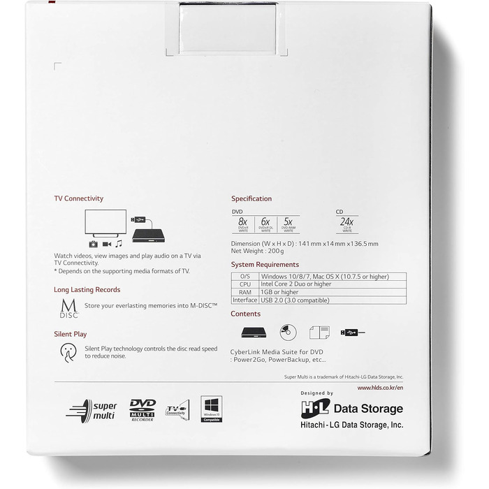 Зовнішній DVD-привід Hitachi-LG GP57, портативний Slim DVD-плеєр та записник для ноутбука та ПК, USB 2.0, сумісність з Windows та Mac OS, швидкість 8x, сріблястий