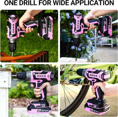 Акумуляторний шурупокрут DEKOPRO 20V 40 Nm: комплект з 2 акумуляторами, LED, 18+1 момент, для дому та DIY, рожевий