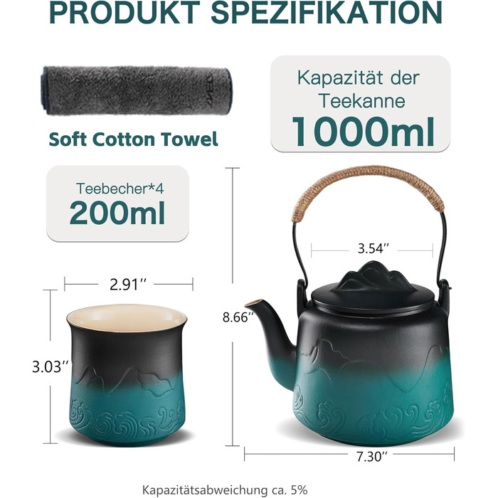 ZENS Design Japanese Teapot, 1000ml Gradient Embossed Japanese Ceramic Teapot with Built-in Strainer and Hemp Rope Handle for Loose Leaf Tea Steeper, Gift for Tea Lovers, Black & Bean Green (Black & Green, 1000ml Teapot & 4 of 200ml Cups)