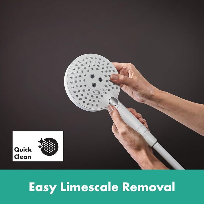 hansgrohe Raindance Select S - water-saving showerhead 9 l/min (EcoSmart), handheld shower with 3 spray patterns, round shower head (⌀ 120 mm), water-saving showerhead with anti-limescale function, (with PowderRain spray, Mattwhite, 3 spray patterns including PowderRain)