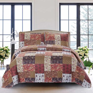 Комплект постільної білизни Red Riches 2-частинний – двоспальне ліжко з 1 наволочкою, осінній дизайн пэтчворк, легка стегане покривало, осінній стиль кантрі.