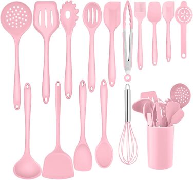 Набір кухонних аксесуарів Homikit 16 шт. з тримачем, кухонне приладдя, термостійкий посуд, кухонне начиння, придатний для миття в посудомийній машині (рожевий)