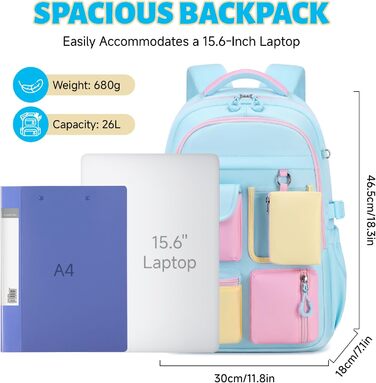 Рюкзак для дівчинки Tanou: великий шкільний рюкзак для підлітків з тканини Oxford, з багатьма відділеннями (блакитний, рожевий)