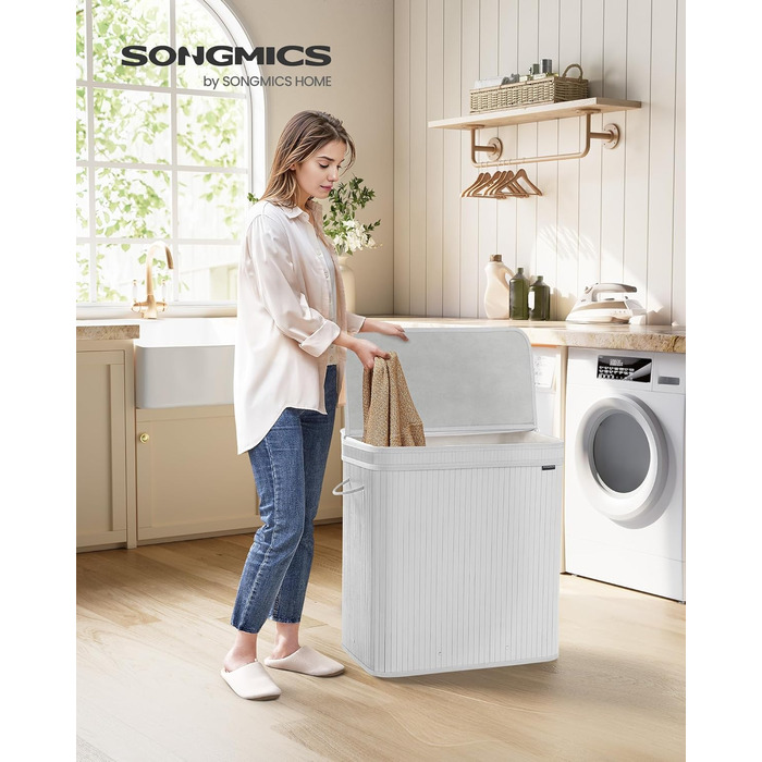 Кошик для білизни SONGMICS з кришкою, 150 л, бамбук, знімний мішок, ручки, білий