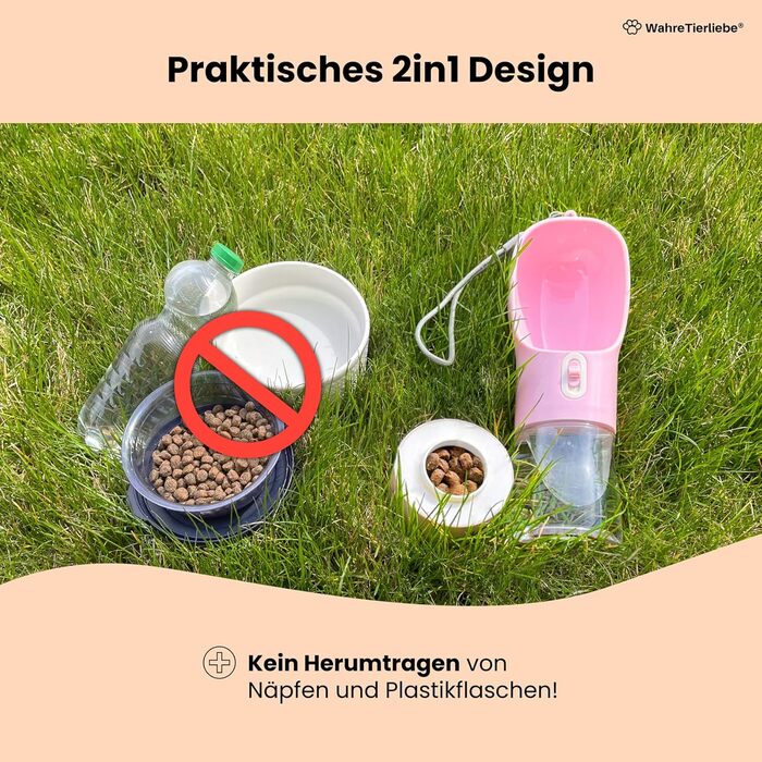 Турбота про тварин 2в1 пляшка для води та ласощів для собак [460 мл] - Переносна пляшка для собак з легким доступом до води та смаколиків, BPA-free, ідеальна для прогулянок, подорожей, рожева
