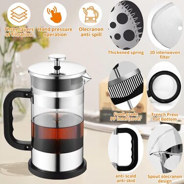 UCAMP Френч-прес для кави та чаю, 1000 мл, скляна кавова преса, портативна кавоварка з потрійним фільтром, для подорожей та подарунків