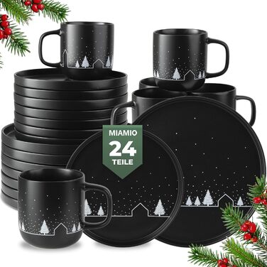 Набір чашок Miamio на Новий Рік, 4 шт, 500 мл, чорні / Кавові чашки для святкування, мінімалістичний зимовий дизайн, подарунок на Новий Рік, безпечні для миття в посудомийній машині та використання в мікрохвильовій печі – Зимова колекція