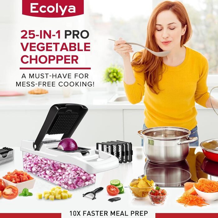 Ecolya 22-в-1 Багатофункціональний набір для нарізки овочів: нарізчик, спіралізатор, мандоліна, шинкувальник, нарізчик картоплі, нарізчик з хвилястим краєм, 13 сталевих лез