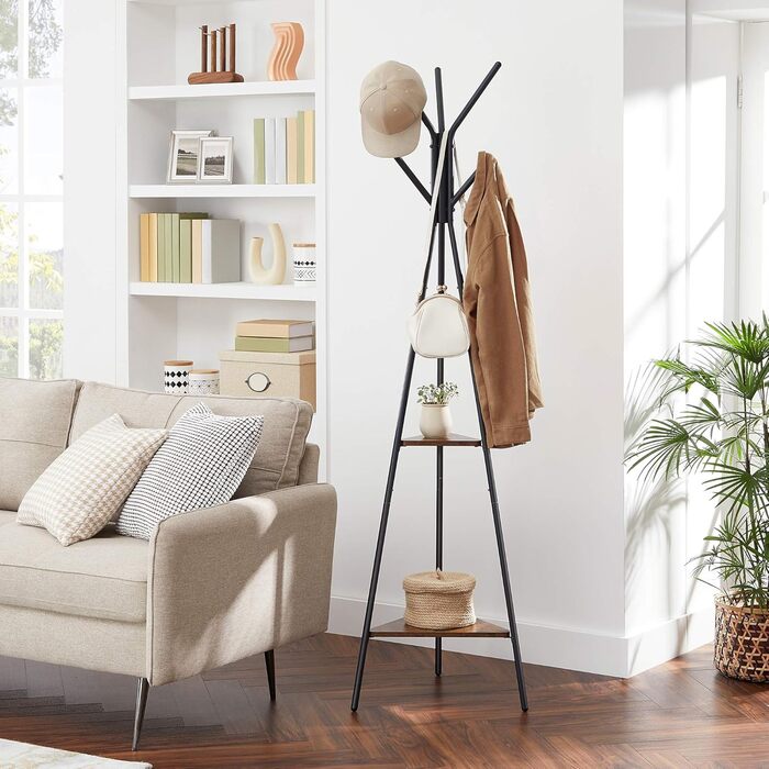 VASAGLE Coat Rack in Tree Shape, Clothes Rack, Freestanding Wardrobe, Industrial Design, with 2 Shelves, for Clothes, Hats, Bags, Vintage Brown-Black RCR16BXV1