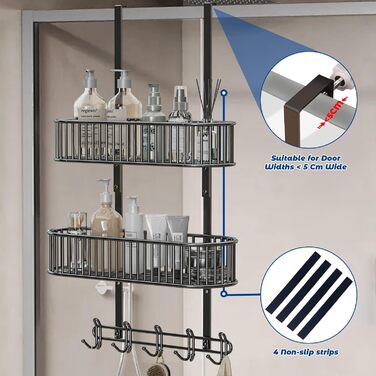 Настінна поличка для душу AIGOCITY без свердління, чорна, для скляних душових кабін, з 3 гачками, регульована висота, для шампуню та гелю для душу