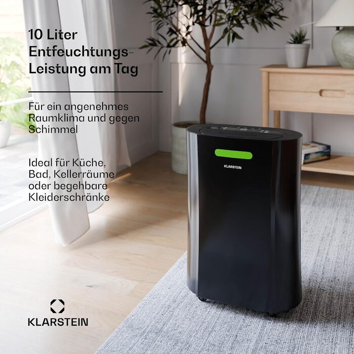 Електричний осушувач Klarstein AeroDry Smart 12 л - 12 л/день, 2.5 л резервуар, 39 дБ, WiFi/App/Alexa, LED дисплей, таймер 24 год, вугільний фільтр, для приміщень до 18 м², чорний