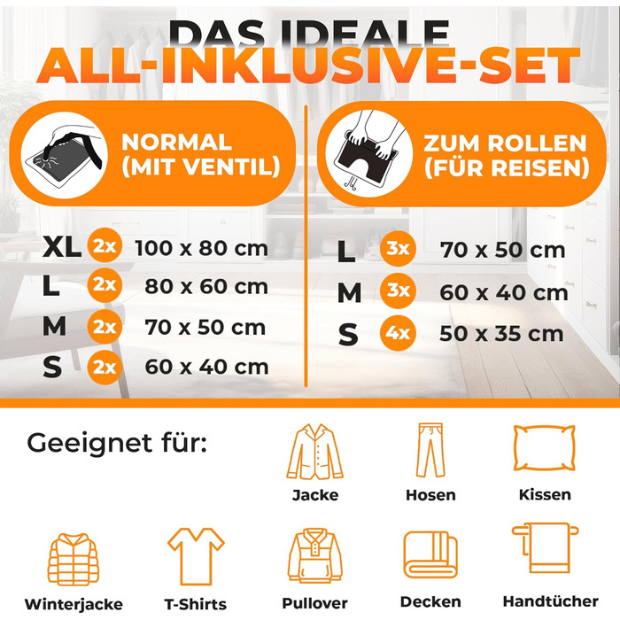 PACKDUDE® Vacuum Bags for Clothing - Small & Large I 18 PIECES I 8 x Vacuum Bags for Vacuum Cleaner & 10 x Roll-Up Vacuum Bags (without valve) I Vacuum Bags for Clothing