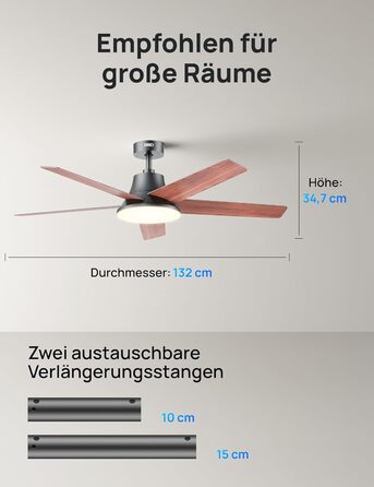 Дрео Смарт стельовий вентилятор з підсвічуванням, 132 см, 12 швидкостей, 3 режими, регульоване LED-підсвічування, тихий DC-двигун, 12H таймер, керування пультом/APP/Alexa, для приміщень (Чорний)
