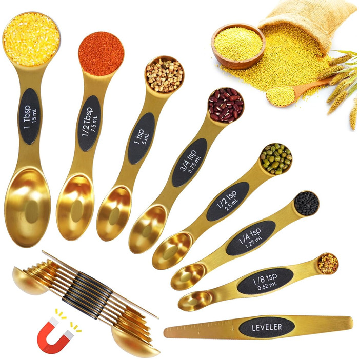 18-Piece Measuring Cup and Spoon Set, includes 10 stackable measuring cups with lids and 8 magnetic measuring spoons, for liquid and dry ingredients, BPA-free (Golden)