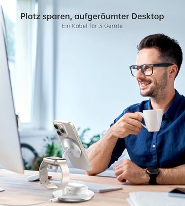 3-в-1 індукційна зарядка для декількох пристроїв, 15W MagSafe зарядка для iPhone 15/14, MagSafe зарядний пристрій для iWatch Ultra 2/1/Series 9/8, AirPods, білий колір