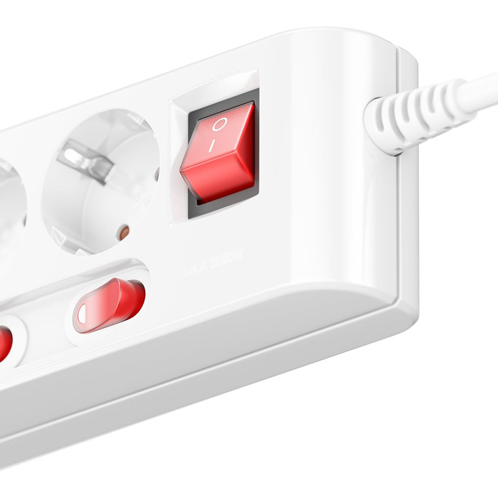 Многофункціональна мережева стрічка deleyCON з 6 розетками та індивідуальним вимикачем для кожної (біла)