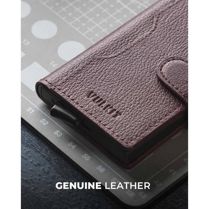 Чоловіче картхолдер VULKIT з RFID блокуванням, з металевою конструкцією, 3 відділення для кредитних карт та віконцем для посвідчення, компактний гаманець з магнітною застібкою, червоне шкіряне покриття (справжня шкіра Litchi Espresso)