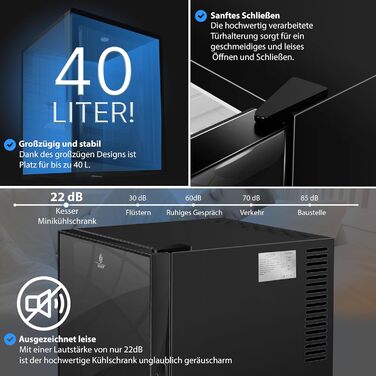 Міні-холодильник KESSER® 40L з скляною дверцятами: ідеальний для кемпінгу, офісу, спальні, готелю, кухні. Безшумний, з можливістю зміни напрямку відкривання дверцят, внутрішня підсвітка та відкривачка для пляшок. Чорний колір.