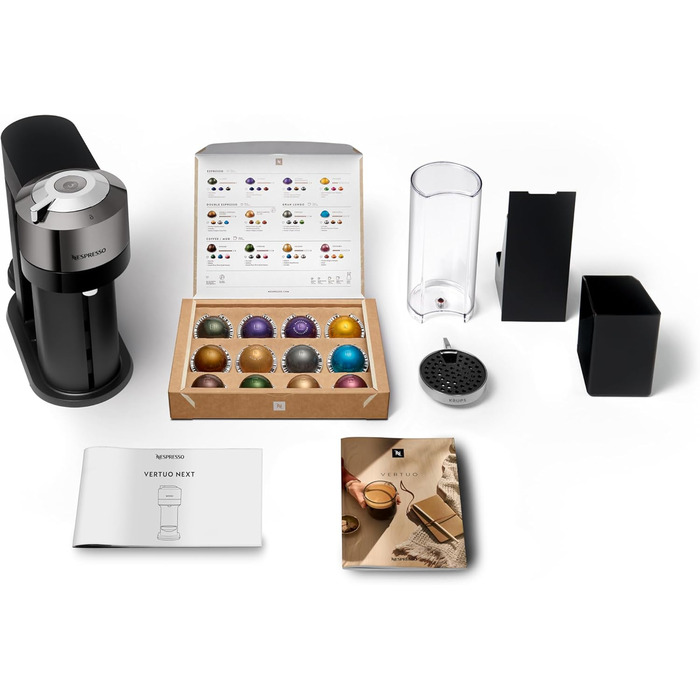 Кавомашина Nespresso Vertuo Next Krups XN910C: 6 розмірів чашок, автоматичне розпізнавання капсул, об'єм резервуару 1.1 л, 54% з переробленого пластику, темне хромоване покриття