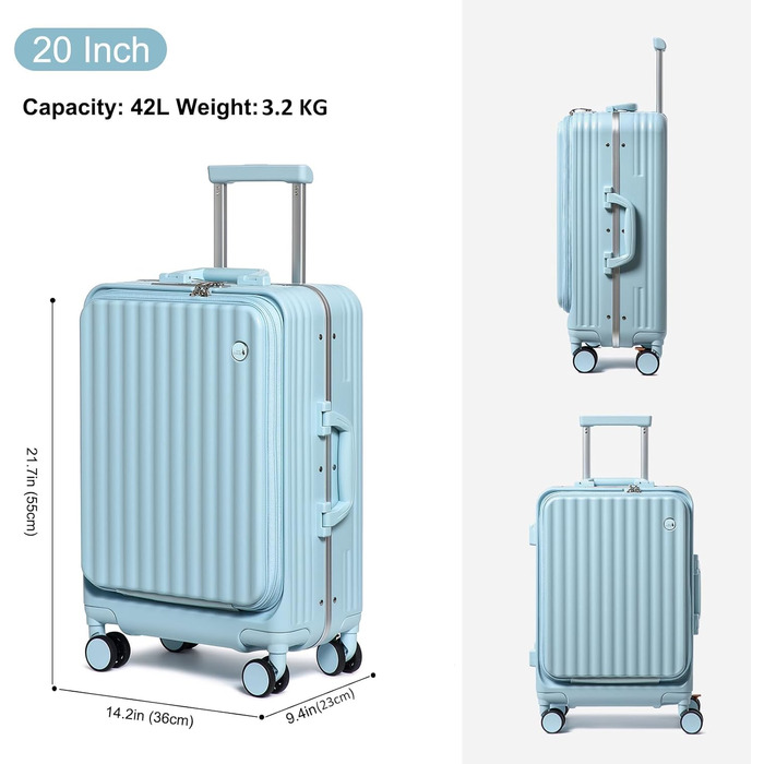 Валіза ручної поклажі Sea Choice з жорстким корпусом з PC, відділенням для ноутбука, USB-портом, 8 спін-колесами, замком TSA та тримачем для напоїв (1 шт., блакитний)