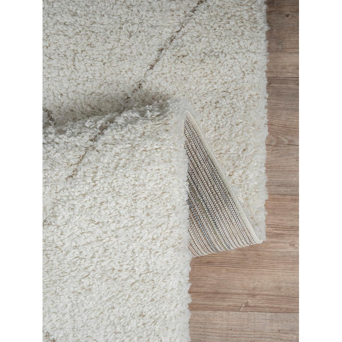 Килим Bahar Shaggy: дизайнерський килим для вітальні, м'який та легкий у догляді, високий ворс, кремовий ромбічний візерунок, 120 x 170 см