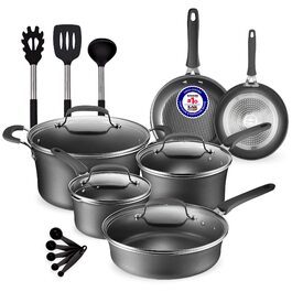 Набір посуду 14 предметів з антипригарним покриттям Cookware Set – каструлі з кришками, сковороди для газових, електричних, керамічних та індукційних плит – чорний колір