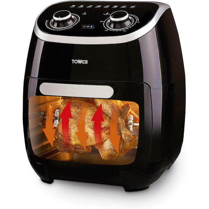 Фритюрниця Tower T17038 Xpress 5-в-1 з швидкою циркуляцією повітря, механічним керуванням, таймером на 60 хв, об'ємом 11 л, потужністю 2000 Вт, чорна, Airfryer XXL