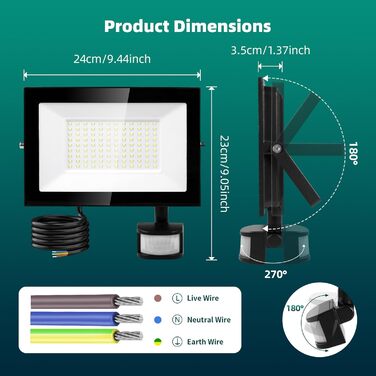 Viugreum 2Pack LED Flood Lights Outdoor with Motion Sensor 15000LM Outdoor Light Cold White Spotlight with Remote Control Floodlight Outdoor Spotlight IP67 Waterproof Floodlight with 2 Screws for Garden (100w, 1PCS)