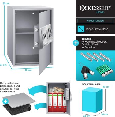 Електронний сейф KESSER® настінний, 31x20x20 см, з подвійним замком, LED підсвіткою, сталевий (срібний, XL)