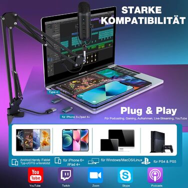 Zealsound USB мікрофон для подкастів та вокалу з шумозаглушенням (чорний) для ПК, телефону, YouTube, PS5, iPhone, Mac. З підставкою-держателем та адаптерами.