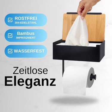 Pandonix Stainless Steel & Bamboo Toilet Paper Holder with Wet Wipe Dispenser - No Drill Installation - Black