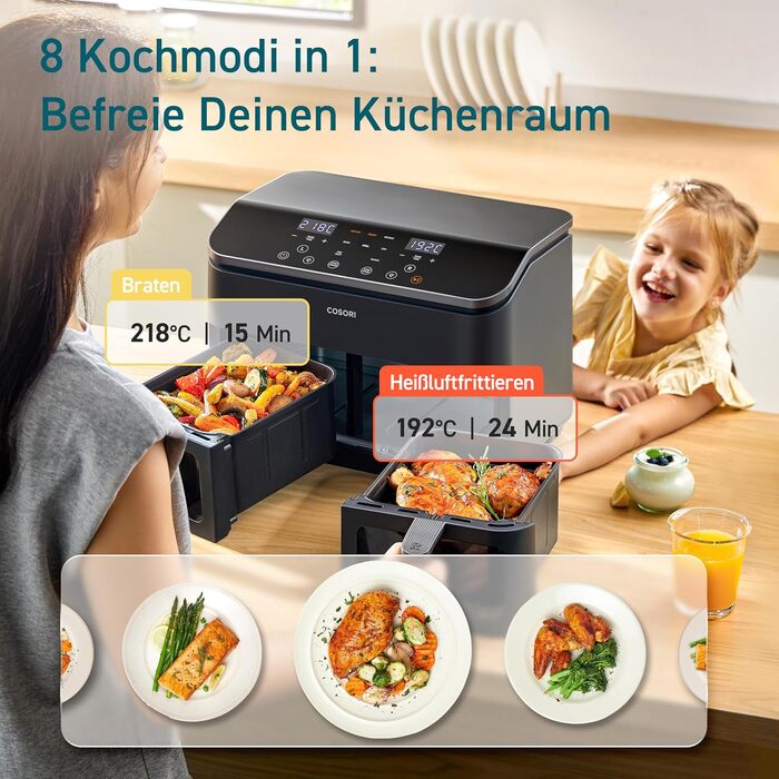 Фритюрниця з двома камерами COSORI Airfryer 8,5 л, 8-в-1, подвійна зона, з віконцем, енергозберігаюча, для 1-5 осіб, чорна