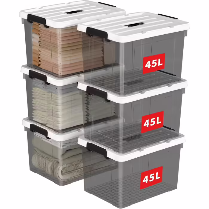 Plastic Storage Box, Tote Box, Organizing Container with Durable Lid and Secure Latching Buckles, Stackable and Nestable, 4-Pack, Transparent Black with Black Buckle (45L x 6)