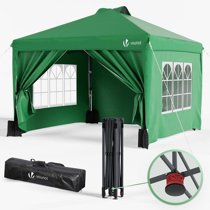 VOUNOT® 3x3m (approx. 10x10ft) Gazebo, Waterproof, Stable, Winter-Resistant, Pop-Up Folding Gazebo with 4 Side Walls and 3 Sandbags, Foldable Party Tent, Garden Tent, Garden Gazebo including Bag, Green