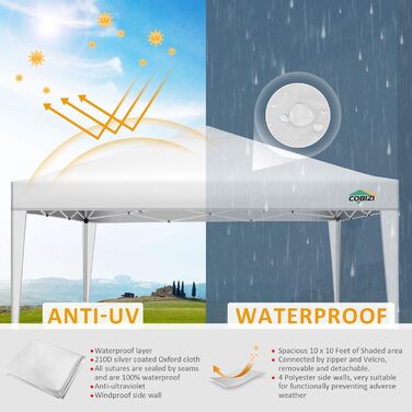 COBIZI Folding Gazebo 3x3 Waterproof Stable Pop Up Gazebo Folding 3x3 with 4 Sidewalls | Waterproof | UV Protection 50+ | Gazebo Party Tent for Garden Party Market Picnic | incl. Bag (White)