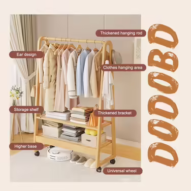 Rolling Garment Rack, Coat Rack, Open Wooden Wardrobe, Wooden Clothes Rail with Blue, Bamboo, Multifunctional, Freestanding, Stable, for Entryway, Living Room and Office (50CM, B)