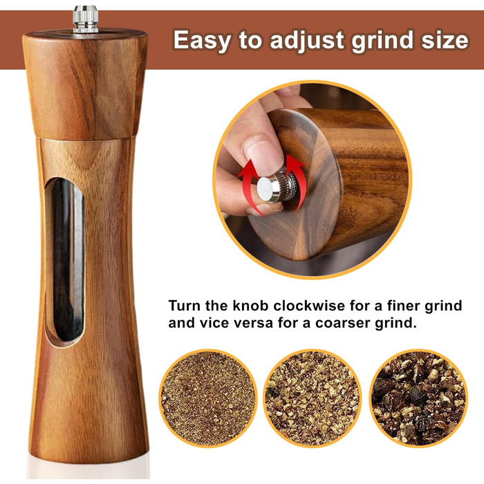Auciej Salt and Pepper Grinder Wooden Set, Manual Pepper Grinder, Ceramic Grinding Mechanism, Spice Grinder, Salt Grinder with Coaster, Adjustable for Spices, Pepper, Salt, 2-Piece Set, 20 cm
