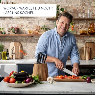Набір ножів кухонних Jamie Oliver by Tefal (5 предметів) + блок: шеф-ніж, сантоку, для хліба, універсальний, овочечистка. Німецька сталь, акація, коричневий K267S556