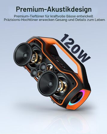 Bluetooth колонка портативна 120W помаранчева з басами, водонепроникна IP65, підтримка DSP/TWS/AUX/TF/BT5.4 для вечірок та пляжу