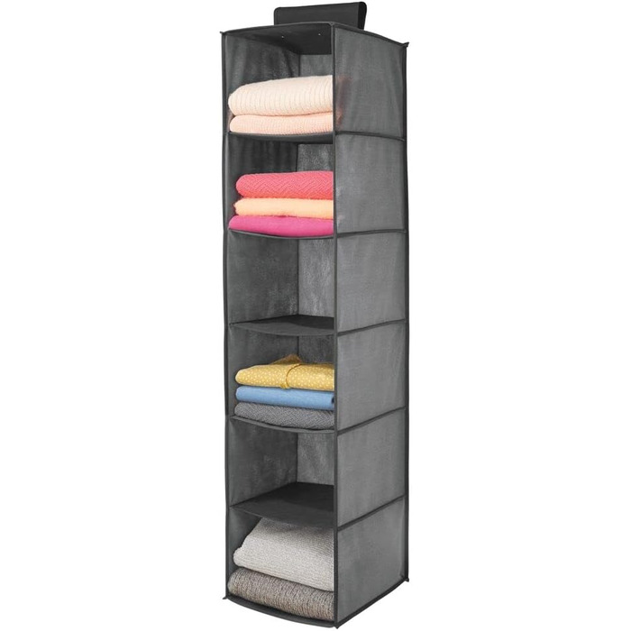 mDesign Тканинна вішалка для одягу з полицями – 6 відділень – сіра та чорна