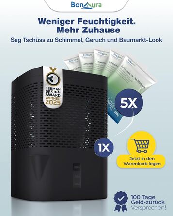 BonAura® Безструменевий осушувач повітря до 23 м² | 360° вентиляція | Осушувач для дому з виливом та 5 x 680 г гранул | Захист від плісняви та неприємних запахів | Осушувач повітря для квартири (Airone Black + 5 X гранул)