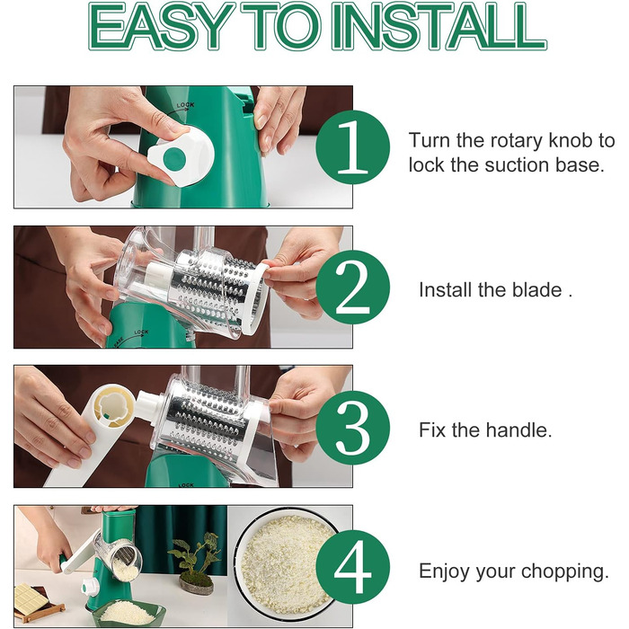 Ручна тертка Ourokhome Rotary: тертка для сиру, овочів, горіхів, картоплі, моркви (3 леза, темно-зелена)