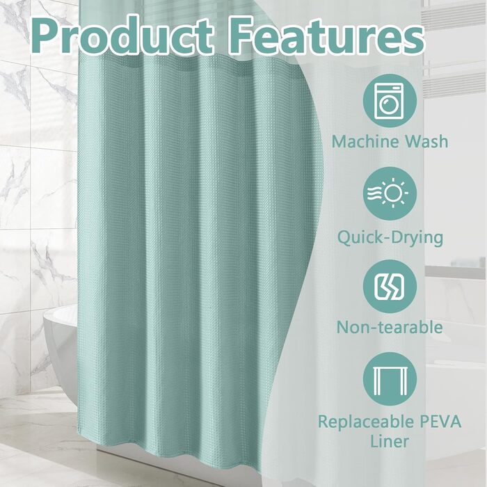 Завіса для душу з тканини вафельного плетіння FY&XZH з гачками, важка, водонепроникна, з покриттям TPU, стиль готелю з сітчастим віконцем, 2 гачки, стійкі до корозії (Зелений, 83 x 83 см)