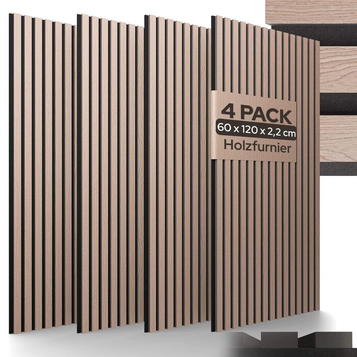 Акустичні панелі Arebos 10x60 см, настінна ламельна стіна в стилі темного дуба для стін та стелі, шумопоглинаючі декоративні панелі (набір 4 шт.)