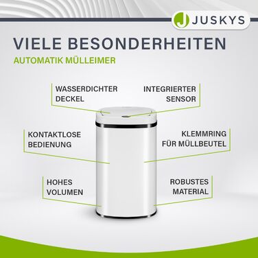 Відро для сміття Juskys з датчиком руху, 60л, біле - кутовий контейнер з кришкою та кільцем для пакетів, нержавіюча сталь, безконтактне відкривання