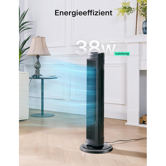 PELONIS 76 см Турбовентилятор з осциляцією, 3 швидкості, таймер 8H, тихий та компактний для дому/офісу (чорний)