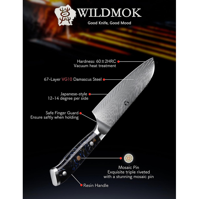 Ніж кухонний професійний Santoku WILDMOK 17 см, VG10 дамаська сталь, ергономічна рукоятка, для дому та ресторану