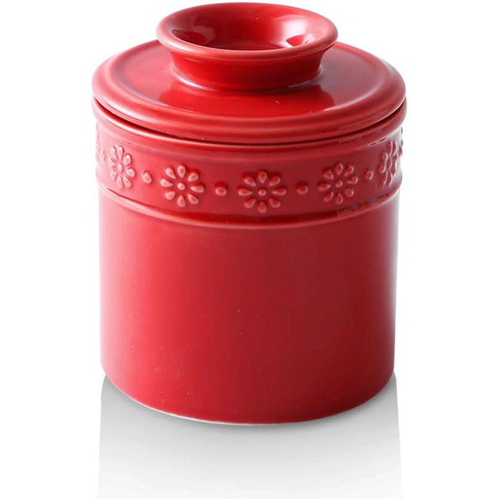 KOOV Ceramic Butter Top for Countertop, French Butter Dish, Large Capacity, Daisy Series (red)